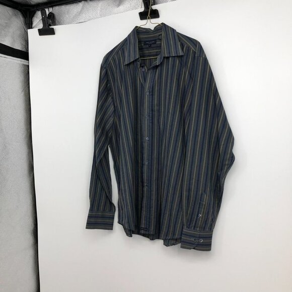 Ted Baker London vertical stripe navy and tan button down dress shirt cotton XL - Picture 8 of 15